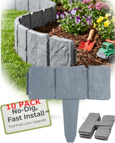 Electoys Cobble Stone Garden Edging | Plastic Lawn Edging Grey | Decorative Flower Bed Stones for Gardens | Plastic Garden Boarder Path Lawn Edger Easy Fit Cobbled Stone Effect Edge | 10 Pack | 2.46m