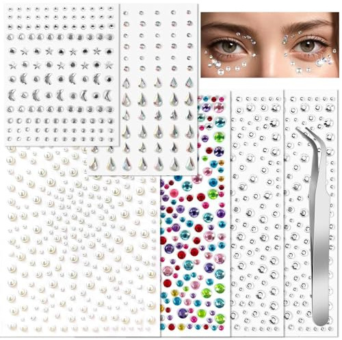 Sularpek 1514 Pcs Gem Stickers, 6 Sheets Self Adhesive Face Gems, Stick on Gems, Pearl Stickers, Rhinestone Stickers, for Face, Hair, Eye, Makeup, Nail, Body, Crafts, with Pick Up Tweeze(3-10mm)