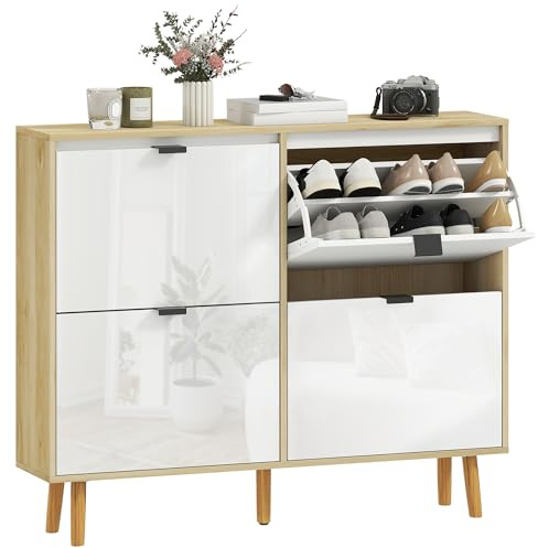 HOMCOM Zapatero Estrecho 4 Puertas Blanco Brillo 105x24x92,5 cm Blanco