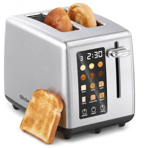 Elite Gourmet 2-Slice Toaster, Digital Countdown, Extra-Wide Slots | Defrost, Reheat, Cancel, Stainless Steel, ECT2899