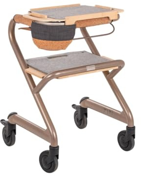 Saljol Déambulateur d'intérieur entièrement équipé, aide pour le salon avec plateau et siège, déambulateur d'intérieur, maniable, stable, main courante mobile, hauteur d'assise 43 cm, champagne doré