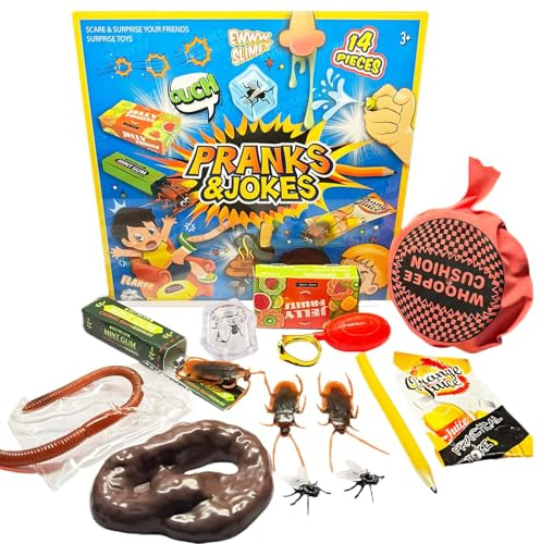 BbiuRer Articoli scherzi per bambini, set da 14 pezzi, cuscino per scoreggia, piccole mosche e oggetti realistici, scherzi divertenti per bambini e adulti, ideali per feste e serate in famiglia