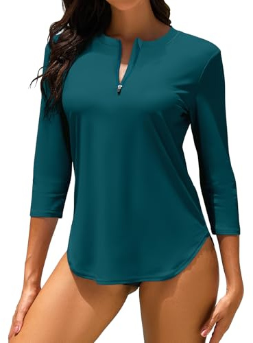 WOWENY UV Shirt Damen Schwimmshirt 3/4 Arm Rashguard mit 1/4 Zip UPF 50+ UV Schutz Schnelltrocknend Badeshirt für Wassersport Surf Strand Pfauenblau,L