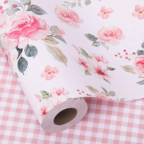 woric 43cm*12m Floral Wrapping Paper Roll, Double Sided Wrapping Paper | Floral & Plaid Reversible Design Birthday Wrapping Paper for Decoration Tea Party Wedding Bridal Shower Birthday