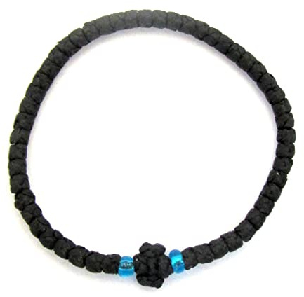 Handmade Greek Orthodox Komboskoini Prayer Rope Bracelet – Thin Black Waxed Cord with Blue Beads – Traditional Chotki – Unisex Religious Christian Gift