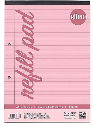 RHINO A4 Refill Pad, Writing Pad, 100-Page / 8mm Lined with Margin, 1-Pack, Pink Lined Writing Paper for Dyslexia & SEN, Office & School Stationery Supplies
