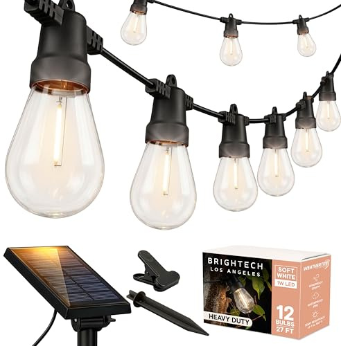 Brightech Ambience Pro Solar Powered Outdoor String Lights -27 ft Commercial Grade Waterproof Edison Patio Lights, Shatterproof LED String Lights for Outside, Porch - 12 Bulbs, 1W Soft White
