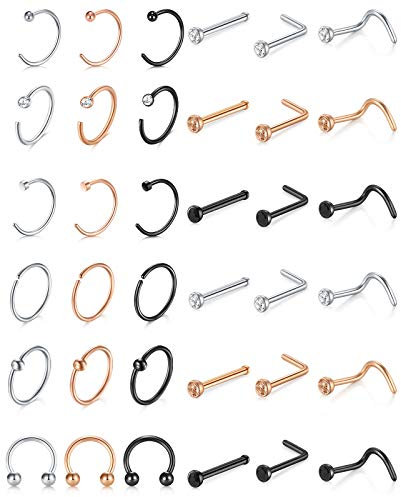 D.Bella 18G Nasenpiercing 316L Chirurgenstahl Nasenringe Nasenstecker L Förmig Spirale Nase Stecker mit Strass Nasenpiercing Schmuckset Silber Rosegold Schwarz Farbe