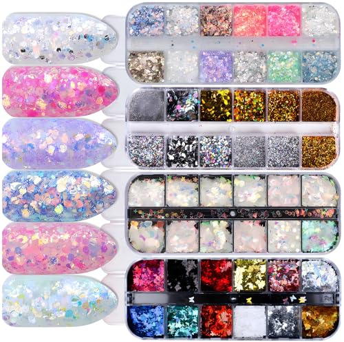 4 Boîtes 48 Couleurs Paillettes À Ongles, Nail Art Deco, Ultra-mince Brillant 3D Glitter Flocons Manucure Maquillage DIY