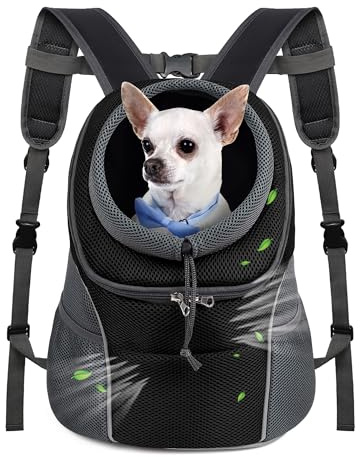 WOYYHO Pet Dog Carrier Backpack Small Dog Front Backpack Ventilated Dog Carrier Back Pack with Storage Pockets, Adjustable Straps & Safety Belt for Travel Hiking Outdoor (Size M: 5-9 lbs, Black)
