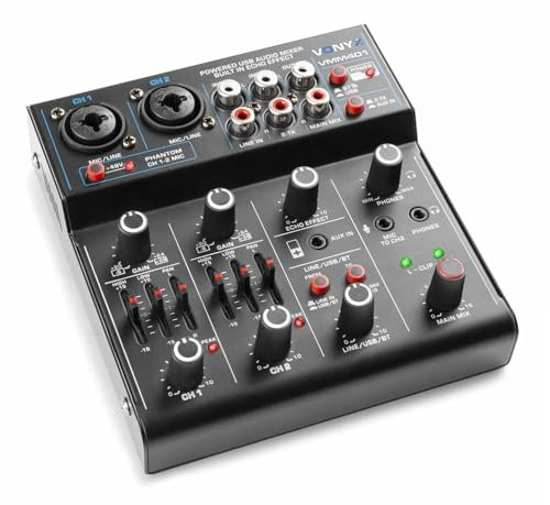 Vonyx VMM401 4-Channel PA Mixer with USB Audio Interface, Bluetooth Streaming, Phantom Power, EQ & Echo Effects - Compact Desk Microphone Music Mixer for Live Sound & Audio Recording