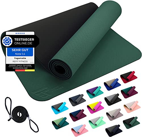 REFIT FITNESS Yoga Matte Perfect-Fit 190 x 60 x 0,6 cm GeckoGrip Sensi-Plus TPE Yogamatte Rutschfest Schadstofffrei Tragegurt Sportmatte Fitnessmatte Gymnastik Sport Pilates Sacramento Grün Schwarz