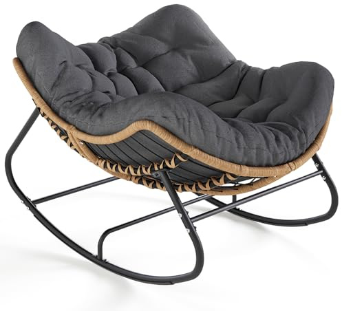 SWITTE Outdoor Rocking Chair, Oversized Patio Papasan Rocker, Comfy Wicker Reading Lounge, Indoor Bed-Like Egg Chair for Bedroom,Balcony, Porch, Garden, Dark Grey