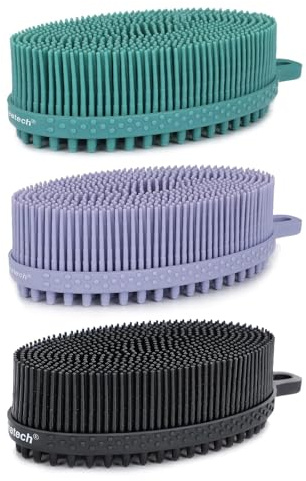 FREATECH 3-piezas Cepillo Corporal de Silicona - Cepillo Corporal de Ducha de 2 Cara para Exfoliación Suave, Limpieza Profunda y Masaje Intensivo, Cuidado de Piel Sensible, Negro y Lavanda y Verde