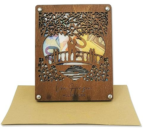 Woodland Mail Geldgeschenk als Grußkarte Hochzeit - Hölzerne Grußkarte für Geldgeschenke zur Hochzeit Ehepaar auf einer Brücke