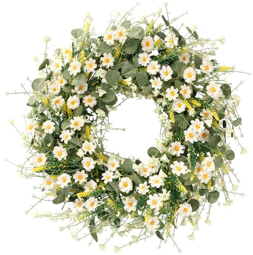 Sggvecsy White Daisy Wreath 24 Inch with Fake Silk Floral Green Eucalyptus Leaves and Lavender for Spring Summer Front Door Window Wall Wedding Farmhouse Festival Decor