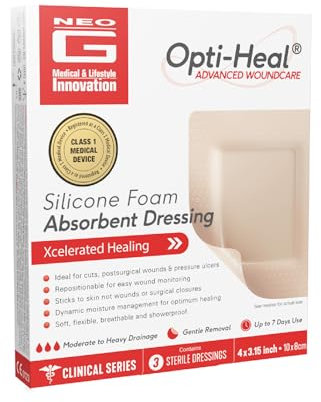 Opti-Heal Silicone Foam Absorbent Dressing - Neo G Sterile Large Wound Dressings Adhesive for Pressure Sores, Ulcer Treatment, Burns, Surgical Wounds - 10x8 cm 3 Pcs