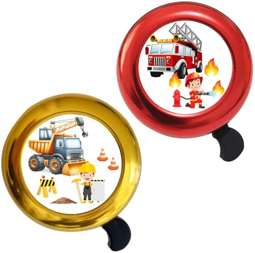 2 Stück Fahrradklingel Kinder Jungen Feuerwehrfahrzeuge Bagger, Klingel Fahrrad, Fahrradklingel Kinder Gelb Rot, Klingel Laufrad