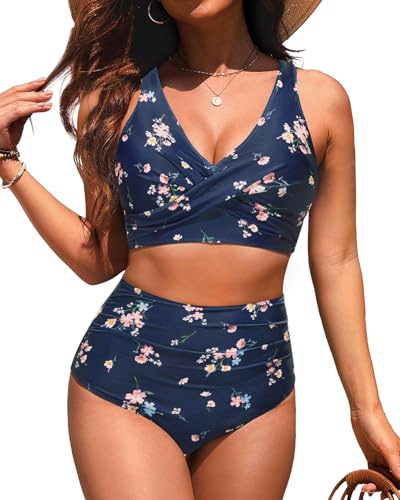 Yonique High Waisted Two Piece Swimsuit-Womens Bikini Set Tummy Control Bathing Suit Modest Full Coverage Bikini 2025 Navy Blue and Flower M