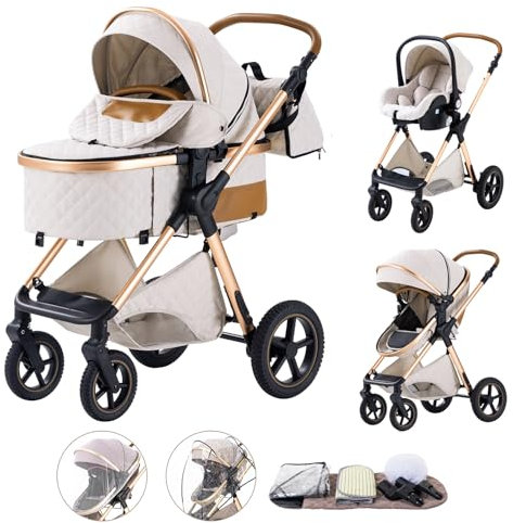 Shineey Kinderwagen 3 in 1,Kinderwagen Buggy Mit Babyschale,Mit Höhenverstellbarer Kinderwagen Komplettset Faltbare tragbare,KombiKinderwagen Mit Aluminiumrahmen für Neugeborene 0 bis 3 Jahre