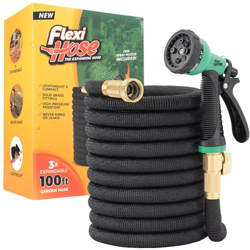 Flexi Hose Con boquilla de 8 funciones, manguera de jardín ligera y expandible, flexibilidad sin torceduras, accesorios de latón macizo de 3/4 pulgadas y doble núcleo de látex