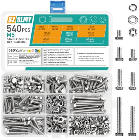 540 Pcs M5 Bolts and Nuts Set, Flat Hex, Hex Sets, Outer Hexagon Machine Screws and Nuts and Flat Washers & Lock Washers, Bike Bolts