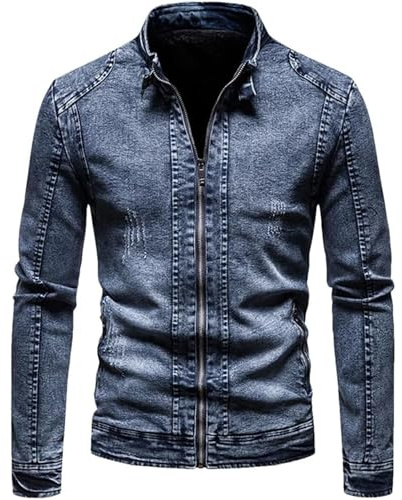 Chaqueta de mezclilla vintage con cuello alto para hombre, estilo casual, ajustada, estilo vaquero, ropa de abrigo para uso diario, Azul, Large