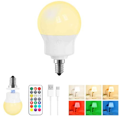 Bombilla LED Recargable E14 con Mando a Distancia, Regulable, Magnética, con Batería, 3 Temperaturas de Color + 9 Colores RGB, 480LM, 3 Timers, para Lámparas sin Corriente, Camping y Emergencia 1 Pack