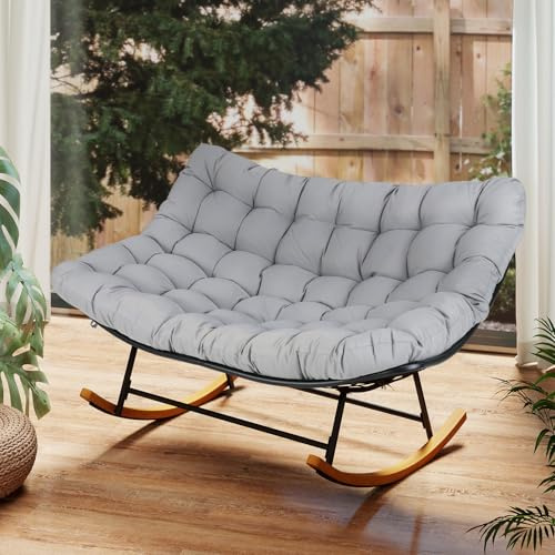 COSTWAY Poltrona Dondolo a 2 Posti, Sedia Relax Ergonomica con Cuscino, con Struttura Metallica, Poltrona Ovale per Giardino, Camera da Letto e Soggiorno, Portata 320 kg