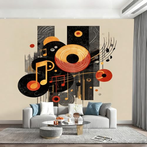 Papier Peint Panoramique Disque Vinyle Artistique Abstrait Papier Peint Mural Photo Motif Notes Géométrique Tapisserie Panoramique Salon, Décoration Murale Chambre, 400x280cm(L x H)