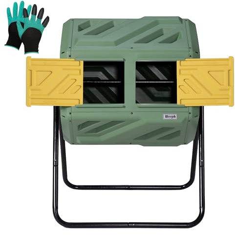 Werph Updated 43 Gallon Dual-Chamber Compost Bin, Fast Assembly Outdoor Compost Tumbler, Rotating Batch Composter Bin with Gloves for Garden, Kitchen, and Yard