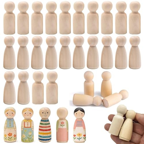 Dryxog 24Pcs Unfinished Wood Peg Dolls, People Figures, Wooden People 55mm | Dolly Pegs, Blank Natural Craft Dolls for DIY Crafts, Kids Painting Home Decor, Smooth Surface Burr-Free
