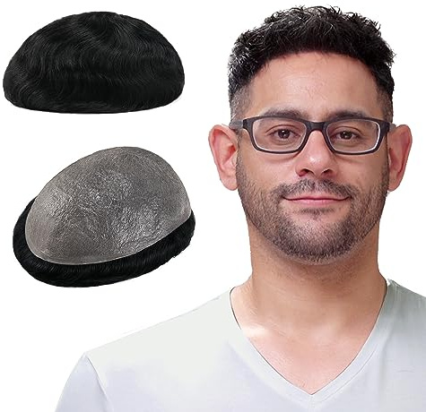 Lordhair Toupee for Men with 100% European human hair 8x10 inch Hairpiece for Men 0.03mm Ultra Thin Skin Hairsystem All V-looped Mens Toupee (Black #1A)