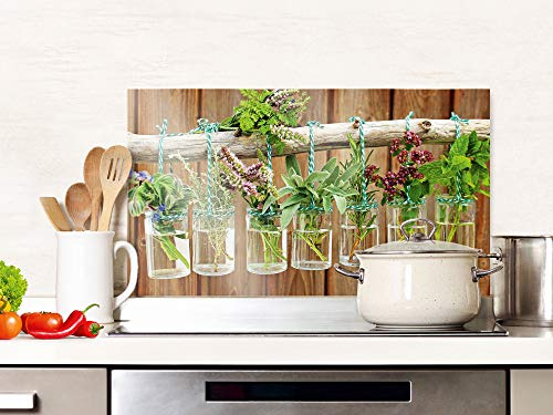 GRAZDesign Spritzschutz Küche Glas Frische Kräuter Braun Holz Optik, Küchenrückwand Glas für Herd und Spüle, Rückwand Küche Glasplatte mit Motiv, 100x50cm