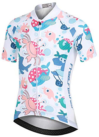 SXSHUN Fahrrad Trikot Set Jungen Mädchen Kinder Kurzarm Trikot Fahrradhose mit 3D Sitzpolster MTB Jersey Bike Fahrradtrikot Radsport Bekleidung, Weiß+Fisch Muster(Radtrikot), 104-110