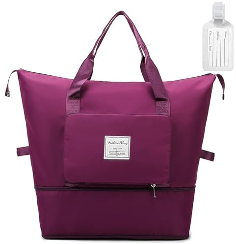 flintronic Reisetasche Damen, Faltbare Reisetasche, Sporttasche, Handgepäck Tasche, Wasserdicht Travel Bag Duffle Bag, Trainingstasche, Handtasche für Sport & Reisen (Mit 1 Gepäckanhänger)-Fuchsie