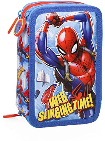 L'ERBAVOGLIO - SPIDERMAN - ASTUCCIO SCUOLA 3 ZIP ORIGINALE SPIDERMAN - COMPLETO DI 44 PEZZI - PRODOTTO UFFICIALE MARVEL (CELESTE/ROSSO)