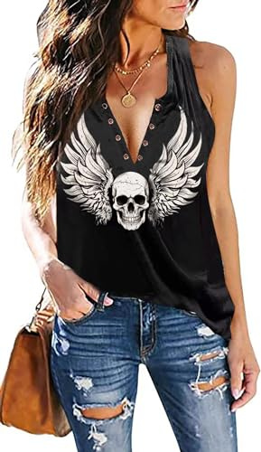 Fensajomon Skull Shirts for Women V Neck Sleeveless Tank Top Ring Skull Print Country Music Style T-Shirt