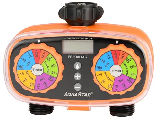AQUASTAR Two-Zone Hose Watering Timer (Orange), Automatic Irrigation for Lawn, Garden, Yard, Two Outlets