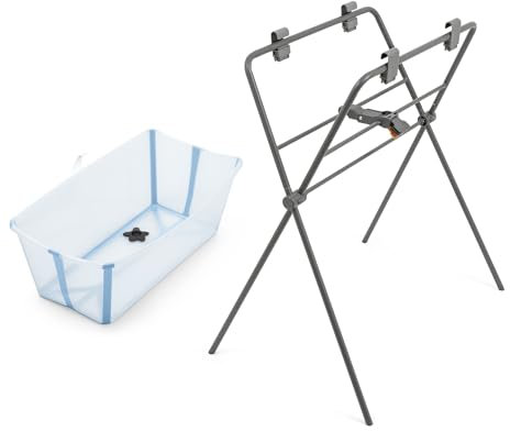 Bañera Flexi Bath de Stokke (Ocean Blue) + Soporte - Bañera Plegable para Bebés hasta 10 kg - Duradera y Fácil de Guardar - Cómoda en Casa o Viaje
