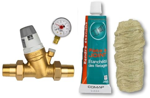 Caleffi Réducteur de pression d'eau 3/4 DN20 pour eau avec cartouche remplaçable et manomètre & Comap S102104 Kit de Etanchéité pâte à joint 50 ml avec bobine de filasse 40 g, Vert