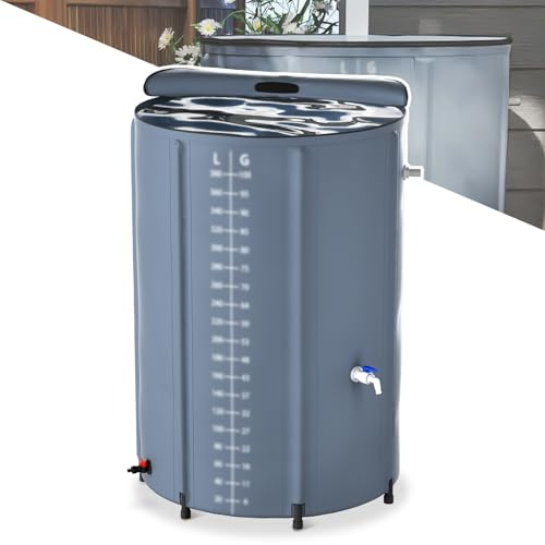 NAIZY Regntunna hopfällbar, regnvattentank 750 liter regnvattentank med PVC-skyddskåpa och stödstänger och dräneringsventil och graderad skala och vattenkranar vattentank, grå 150 gallon