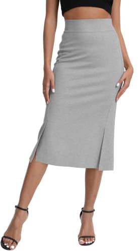 EXCHIC Dam elegant business stretchig figurnära fiskstjärt pennkjol hög midja midi-kjolar med fickor på framsidan