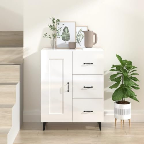 SDWEHO7 Kommode Modern Stil aus Holzwerkstoff, Anrichte mit 3 Schubladen & 1 Tür, Schmaler Flurtisch Sideboard Schubladenschrank für Wohnzimmer, Flur, Hochglanz-Weiß 69,5x34x90 cm