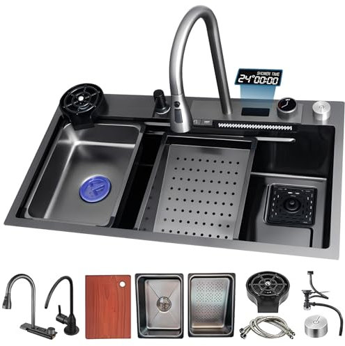 JETXYHUB Évier de cuisine, en acier inoxydable, 85 x 50 cm, avec affichage de la température, effet cascade, grand évier de station de travail, évier simple avec montage en saillie, idéal pour la