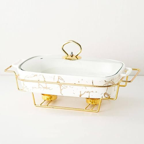 Keramik Chafing Disk BufféSet, Keramisk Marmor Finish Chafer Med Glaslock, MatväRmningsbehåLlare, VäRmebricka, Buffet Chafing Disk Spis FöR Buffé, BröLlop, Fester, Banketter,White-L