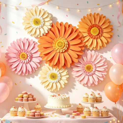 SUNBEAUTY Daisy Party Decorations Paper Flowers Party Decorations Orange Yellow Flowers Wall Hanging 1st Birthday Bridal Baby Shower Wedding Classroom Tea Party Daisy Décor 10 8 5 Pack of 6