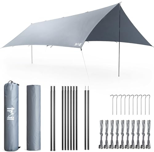 Trail Camping Tarp Shelter with Poles (3m x 5m), Lightweight Waterproof 4000mm HH, UPF50+ UV Protection, Outdoor Hiking Hammock Rain Fly, Portable Heavy Duty Tarpaulin with Pegs, Guy-Lines & Bag