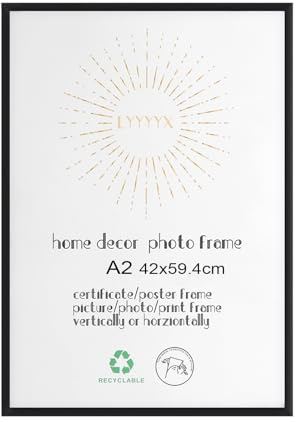 LYYYYX Bildram DIN A2 42 x 59,4 cm svart aluminium fotoram med akrylglas för vertikal eller horisontell hängande affisch konst bildram för foton, affischer, pussel, set med 1