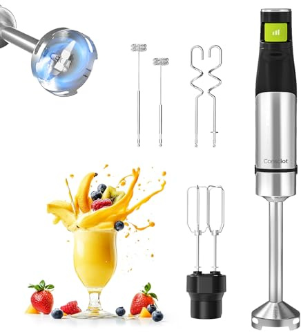 Consciot 4 in 1 Immersion Hand Blender Max 1100W, Corded Stick Emulsifier with Entire Stainless Steel Blender Shaft, Trigger Speed Control, For Blending, Beating, Frothing, Mixing & More, Non-BPA